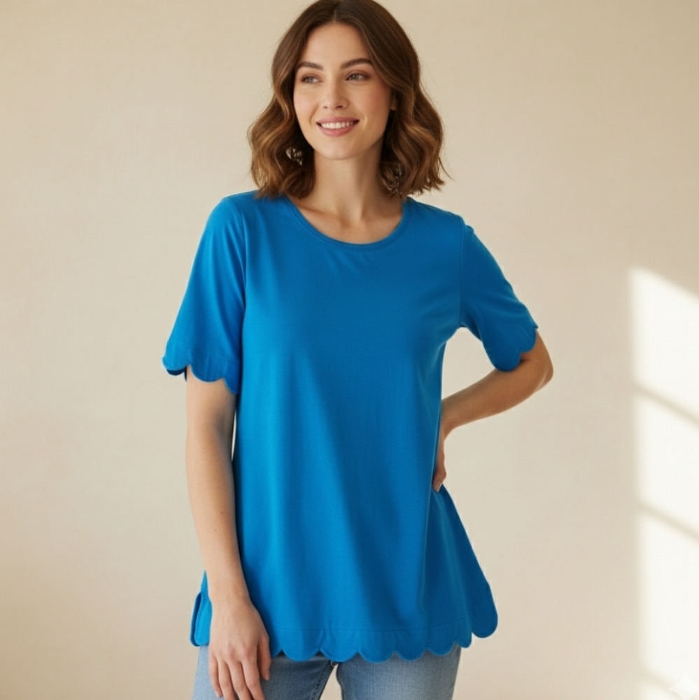 IssacMizrahiLive! Blue Scallop Hem Women's Top Size L